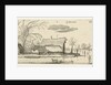 Farm in a frozen river with skaters by Anonymous