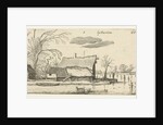 Farm in a frozen river with skaters by Anonymous