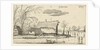 Farm in a frozen river with skaters by Anonymous
