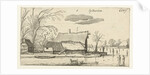 Farm in a frozen river with skaters by Anonymous