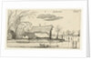 Farm in a frozen river with skaters by Anonymous