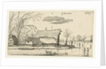Farm in a frozen river with skaters by Anonymous
