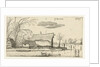Farm in a frozen river with skaters by Anonymous