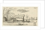 Farm in a frozen river with skaters by Anonymous
