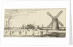 Skaters on the ice at a mill near Penningsveer by Esaias van de Velde