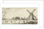 Skaters on the ice at a mill near Penningsveer by Esaias van de Velde