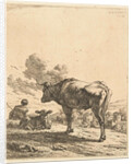 Shepherd with an ox and calf in a village by Karel Dujardin