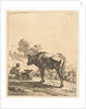 Shepherd with an ox and calf in a village by Karel Dujardin