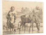 Woman and donkey standing in shallow water, a dog jumps up on her feet by Karel Dujardin