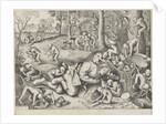 Peddler robbed by monkeys by Hieronymus Cock