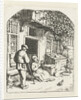 Spinster sitting on the doorstep of a house talking to man by Adriaen van Ostade