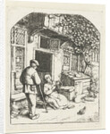 Spinster sitting on the doorstep of a house talking to man by Adriaen van Ostade