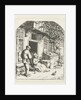 Spinster sitting on the doorstep of a house talking to man by Adriaen van Ostade