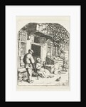 Spinster sitting on the doorstep of a house talking to man by Adriaen van Ostade