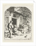 Spinster sitting on the doorstep of a house talking to man by Adriaen van Ostade
