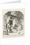 Spinster sitting on the doorstep of a house talking to man by Adriaen van Ostade