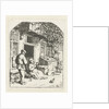 Spinster sitting on the doorstep of a house talking to man by Adriaen van Ostade