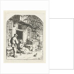Spinster sitting on the doorstep of a house talking to man by Adriaen van Ostade