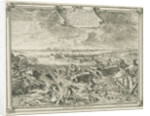Dike near Coevorden, October 1 1673, enemy cavalry and artillery are washed away by the water, in the distance the city of Coevorden by Romeyn de Hooghe