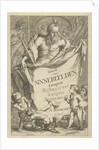The Death personified holding a cloth on which the series title in ten lines in Dutch by Arnold Houbraken