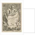 The Death personified holding a cloth on which the series title in ten lines in Dutch by Arnold Houbraken