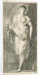 A female figure as the personification of obsequiousness in a niche, with her right hand in a candle holder with a burning candle by Arnold Houbraken