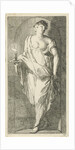 A female figure as the personification of obsequiousness in a niche, with her right hand in a candle holder with a burning candle by Arnold Houbraken