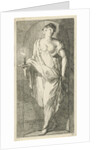 A female figure as the personification of obsequiousness in a niche, with her right hand in a candle holder with a burning candle by Arnold Houbraken
