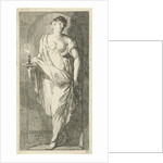 A female figure as the personification of obsequiousness in a niche, with her right hand in a candle holder with a burning candle by Arnold Houbraken