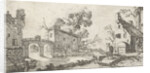 Hearing, at the river are a farm, a tower and other buildings by Gillis van Scheyndel I