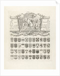 Top center leaf of a set of nine prints, all with weapons of ancient lineages from Utrecht by Johannes van Hiltrop