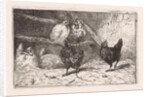 Cock and five chickens in a henhouse, two of them perching, two black chickens scratching around by Jan Gerard Smits