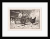 Cock and five chickens in a henhouse, two of them perching, two black chickens scratching around by Jan Gerard Smits