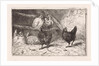 Cock and five chickens in a henhouse, two of them perching, two black chickens scratching around by Jan Gerard Smits