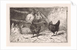Cock and five chickens in a henhouse, two of them perching, two black chickens scratching around by Jan Gerard Smits