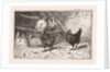 Cock and five chickens in a henhouse, two of them perching, two black chickens scratching around by Jan Gerard Smits