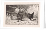 Cock and five chickens in a henhouse, two of them perching, two black chickens scratching around by Jan Gerard Smits