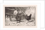 Cock and five chickens in a henhouse, two of them perching, two black chickens scratching around by Jan Gerard Smits