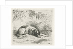 Reclining dog in front of a wall by Christiaan Wilhelmus Moorrees