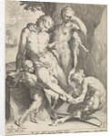 A Oreade, with spectacles on nose, removing a thorn from the foot of a satyr by Jan Harmensz. Muller