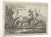 On a farm with several buildings and a haystack, a person walks near a tree, a pond with ducks by Gerardus Emaus de Micault