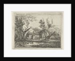 On a farm with several buildings and a haystack, a person walks near a tree, a pond with ducks by Gerardus Emaus de Micault