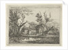 On a farm with several buildings and a haystack, a person walks near a tree, a pond with ducks by Gerardus Emaus de Micault
