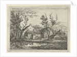 On a farm with several buildings and a haystack, a person walks near a tree, a pond with ducks by Gerardus Emaus de Micault