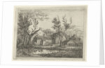 On a farm with several buildings and a haystack, a person walks near a tree, a pond with ducks by Gerardus Emaus de Micault