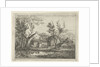 On a farm with several buildings and a haystack, a person walks near a tree, a pond with ducks by Gerardus Emaus de Micault