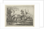 On a farm with several buildings and a haystack, a person walks near a tree, a pond with ducks by Gerardus Emaus de Micault