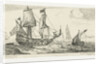 A large sailing ship, a pinnace, and a smaller ship, on the water, three large ships, a village right on the coast by Anonymous