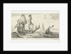 A large sailing ship, a pinnace, and a smaller ship, on the water, three large ships, a village right on the coast by Anonymous