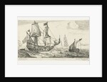 A large sailing ship, a pinnace, and a smaller ship, on the water, three large ships, a village right on the coast by Anonymous